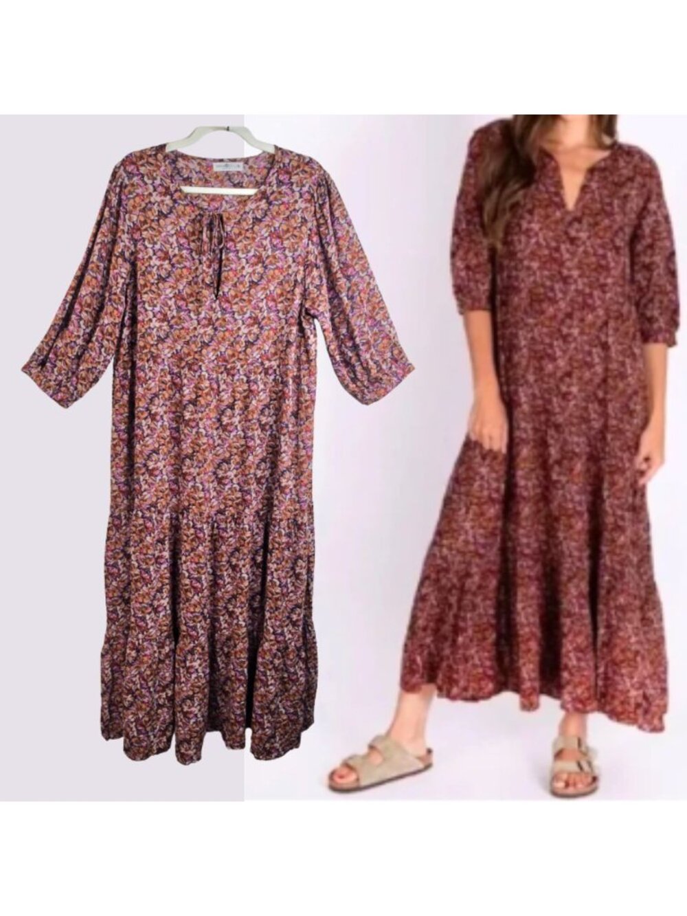Natural Life Maxi Dress L/XL Red Brown Floral Tiered 1/2 Sleeve Boho Cottage
